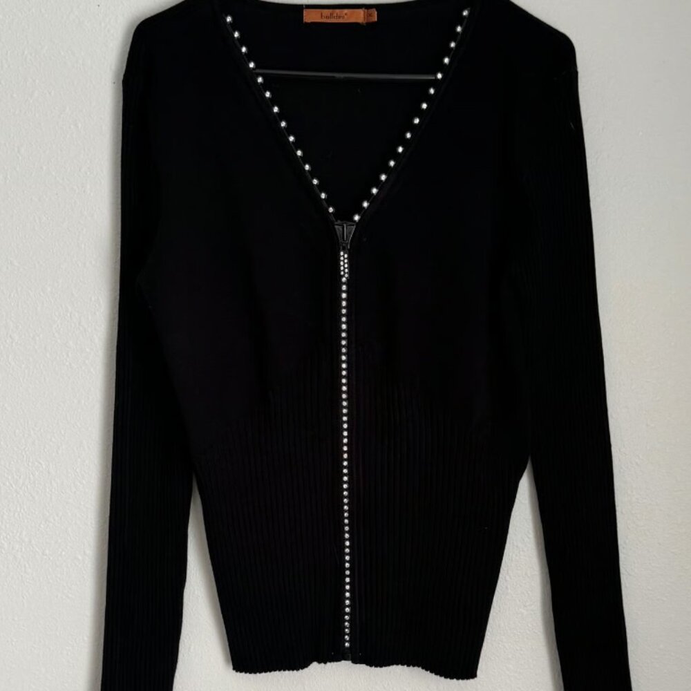 Bellidini Women's XL Black Rhinestone Embellished Zip Front Cardigan